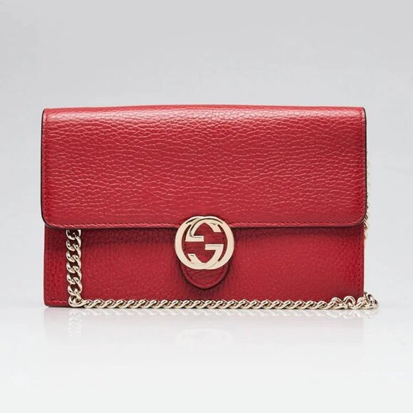 Gucci Red Leather Interlocking G Wallet On Chain Clutch Bag - Picture 1 of 10